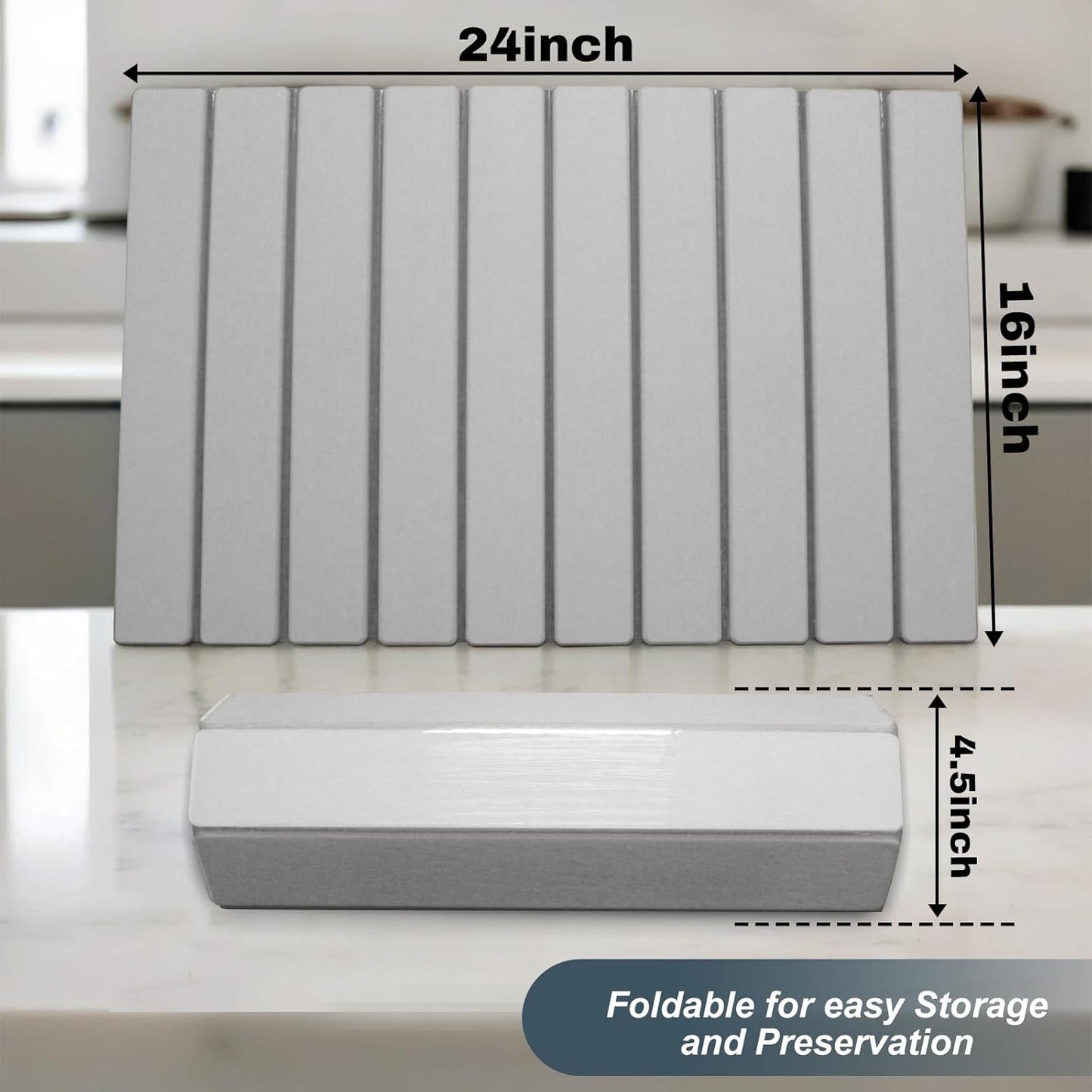 Large Stone Dish Drying Mats for Kitchen Counter, Quick Dry Absorbent Collapsible Dish Drying Mat,Diatomaceous Earth Mats for Dishes Bottles Cups,Match Any Countertop,Grey 24 * 16inch