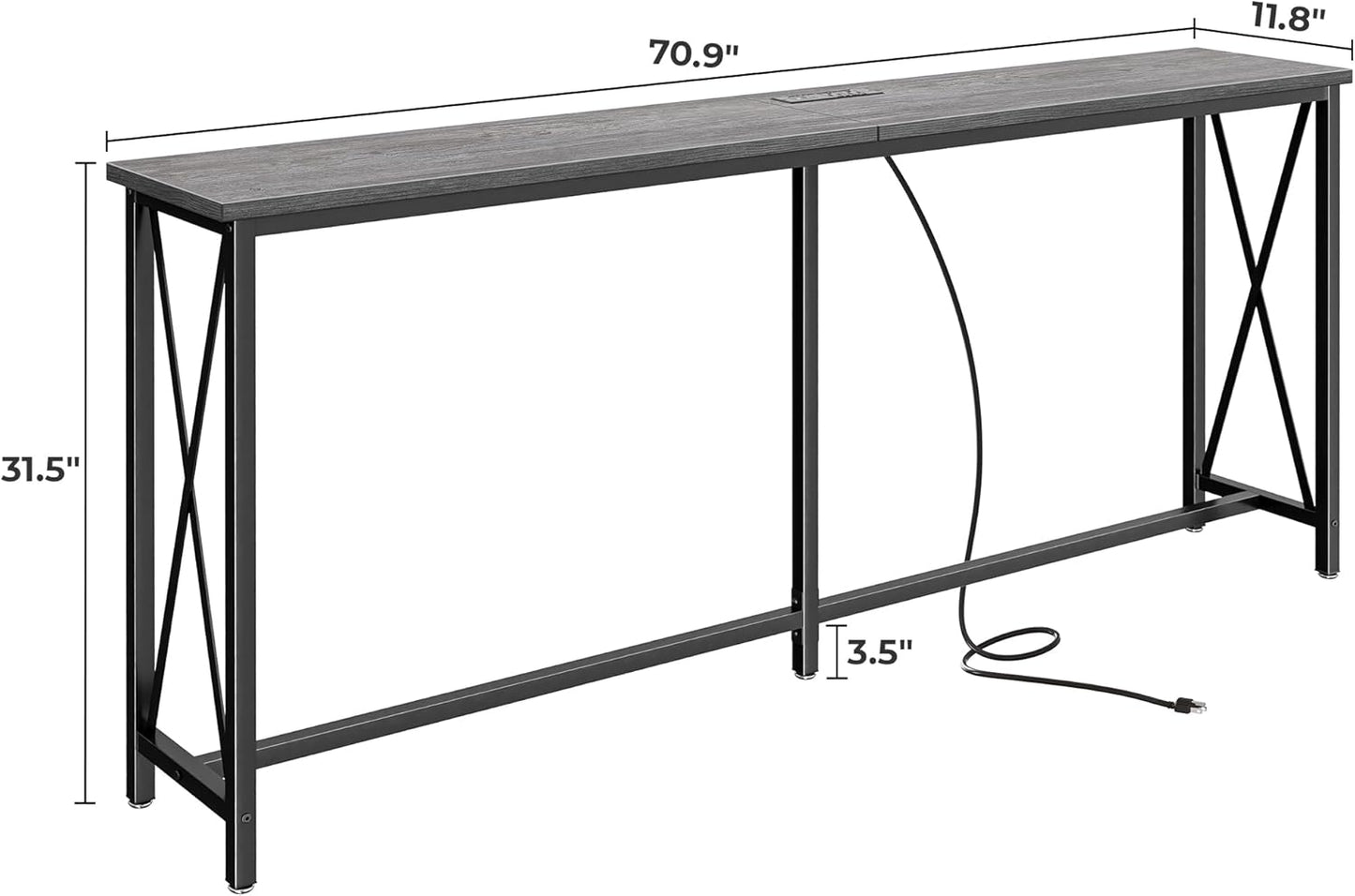 SUPERJARE 70 Inch Console Table with Outlets and USB-C Port, Extra Long Behind Couch Sofa Table with X-Shaped Design, Narrow for Entryway, Living Room, Metal Frame, Wooden Top, Grey