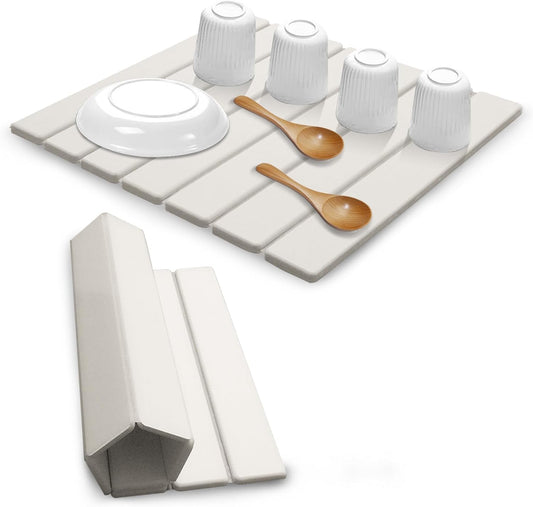 Large Stone Dish Drying Mats for Kitchen Counter, Quick Dry Absorbent Collapsible Dish Drying Mat,Diatomaceous Earth Mats for Dishes Bottles Cups,Match Any Countertop,White 16 * 12inch