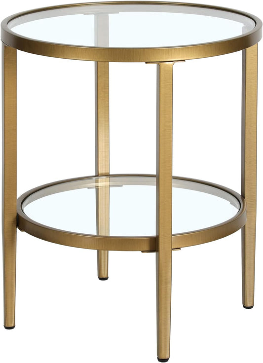 Henn&Hart 20" Wide Round Side Table with Glass Shelf in Antique Brass, Table for Living Room, Bedroom