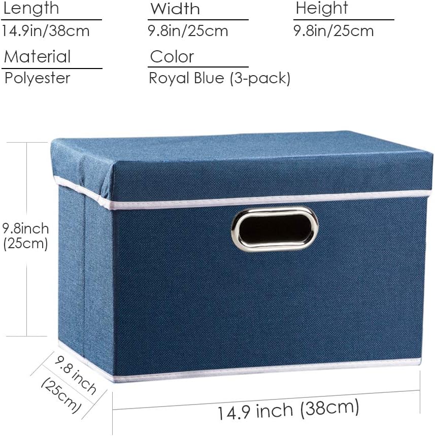 PRANDOM Collapsible Storage Bin with Lid [3-Pack] Fabric Foldable Storage Box Organizer Container Basket Cube with Cover for Home Bedroom Closet Office Nursery Royal Blue(14.9x9.8x9.8)