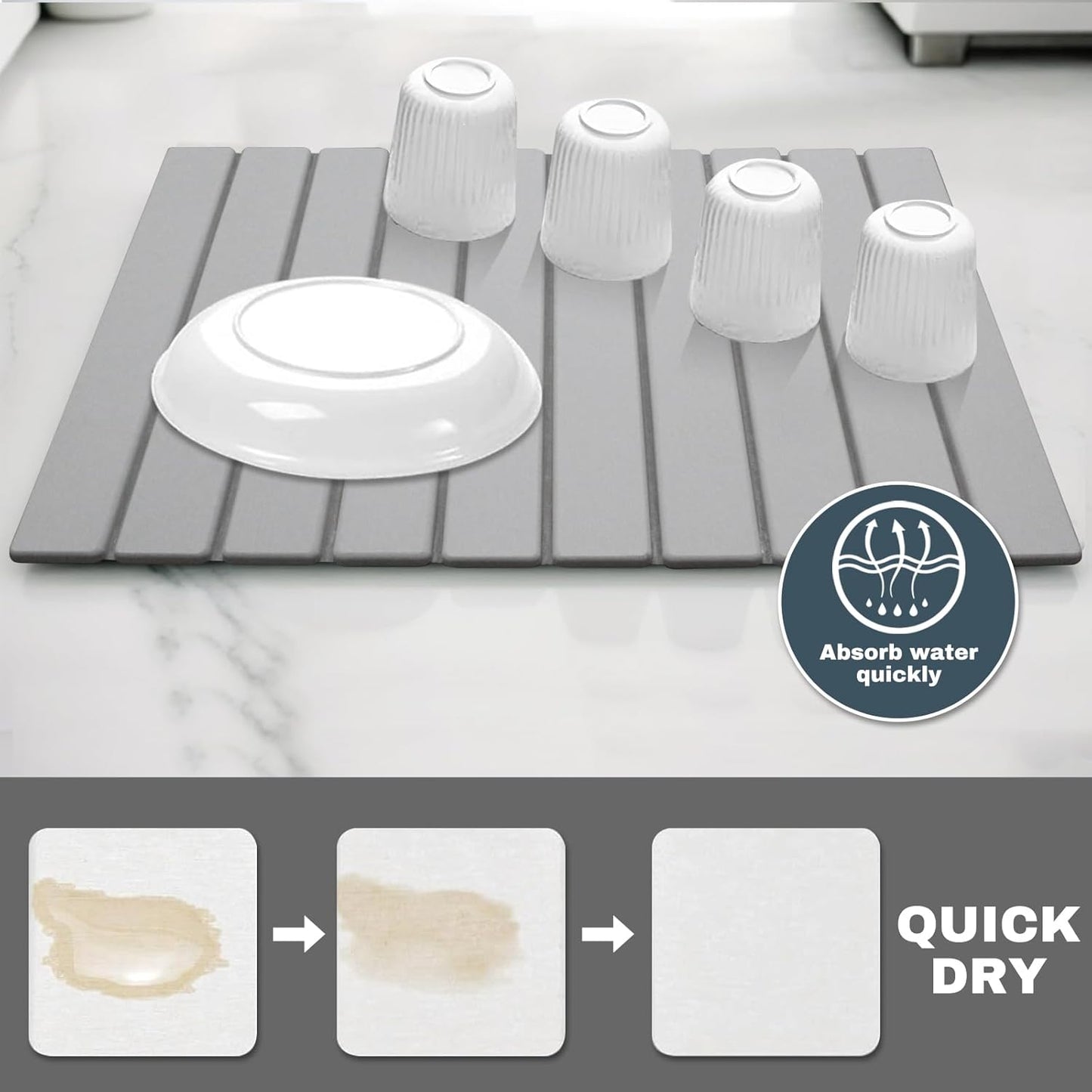 Large Stone Dish Drying Mats for Kitchen Counter, Quick Dry Absorbent Collapsible Dish Drying Mat,Diatomaceous Earth Mats for Dishes Bottles Cups,Match Any Countertop,Grey 24 * 16inch