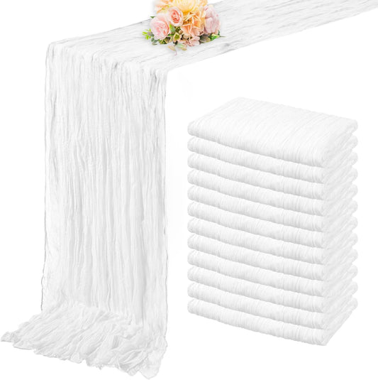 10FT 12 Pack White Cheesecloth Table Runner 20 x 120 Inch Long Rustic Gauze Cheese Cloth Table Runner for Wedding Bridal Baby Shower Table Decorations Boho Fabric Sheer Birthday Party Table Decor