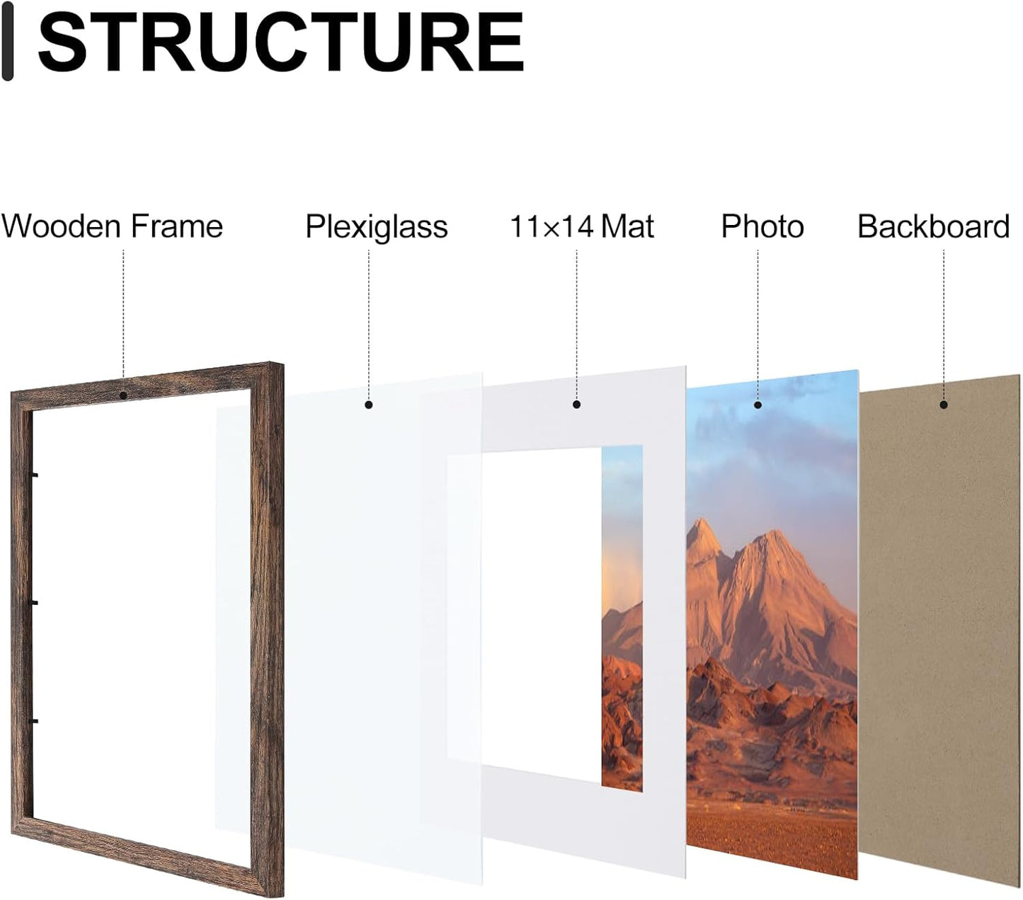 Vittanly 12x16 Picture Frames Set of 9, Shatter Resistant Plexiglass, Display 11x14 Pictures with Mat or 12x16 without Mat, Photo Frames for Wall Mount, Engineered Wood, Brown
