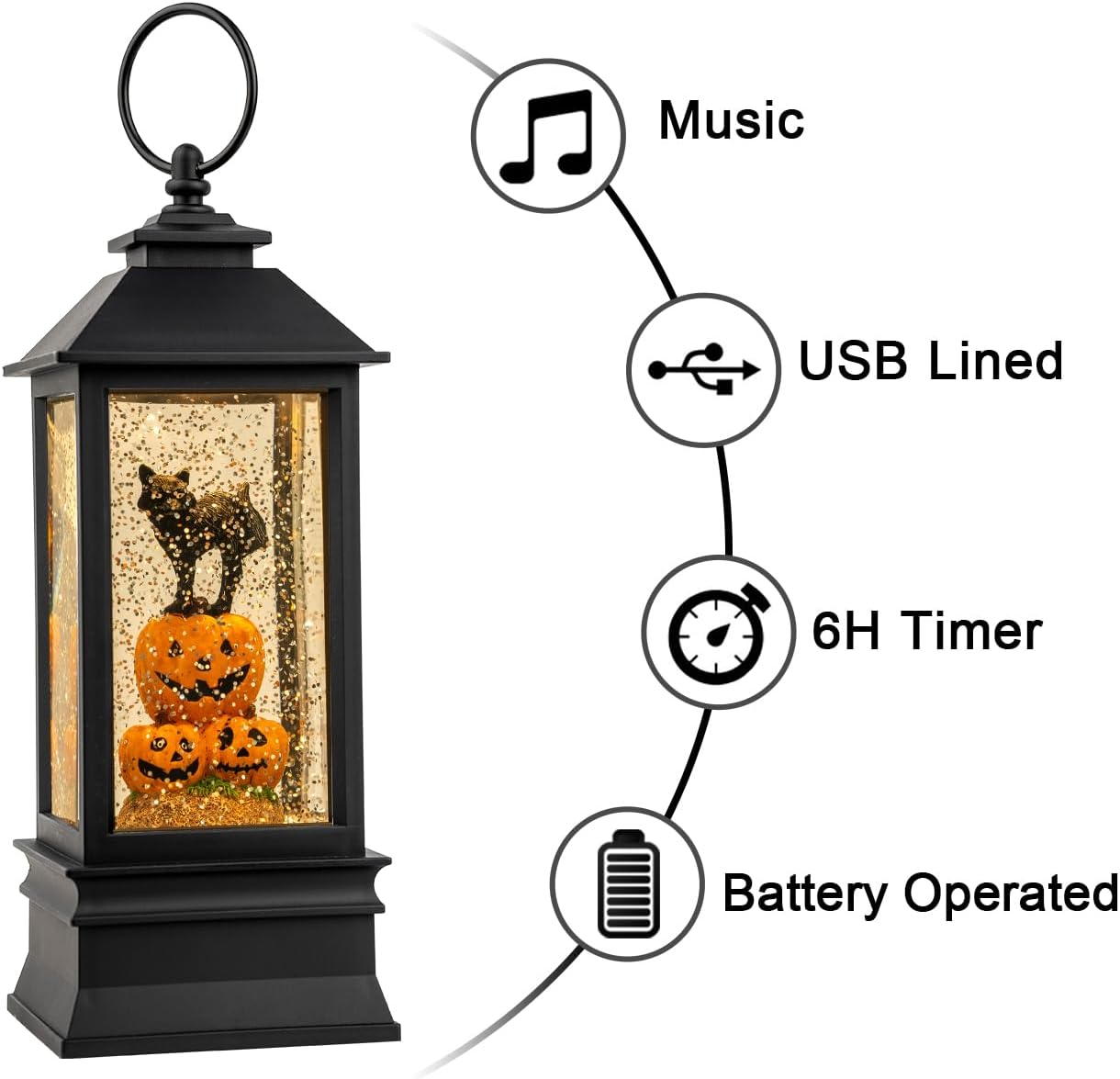 Halloween Snow Globe Lantern Water Glittering Spooky Witch' s Black Cat in Pumpkins with Music, USB Lined/Battery Operated Lighted Lantern for Halloween Festival Decoration Gifts