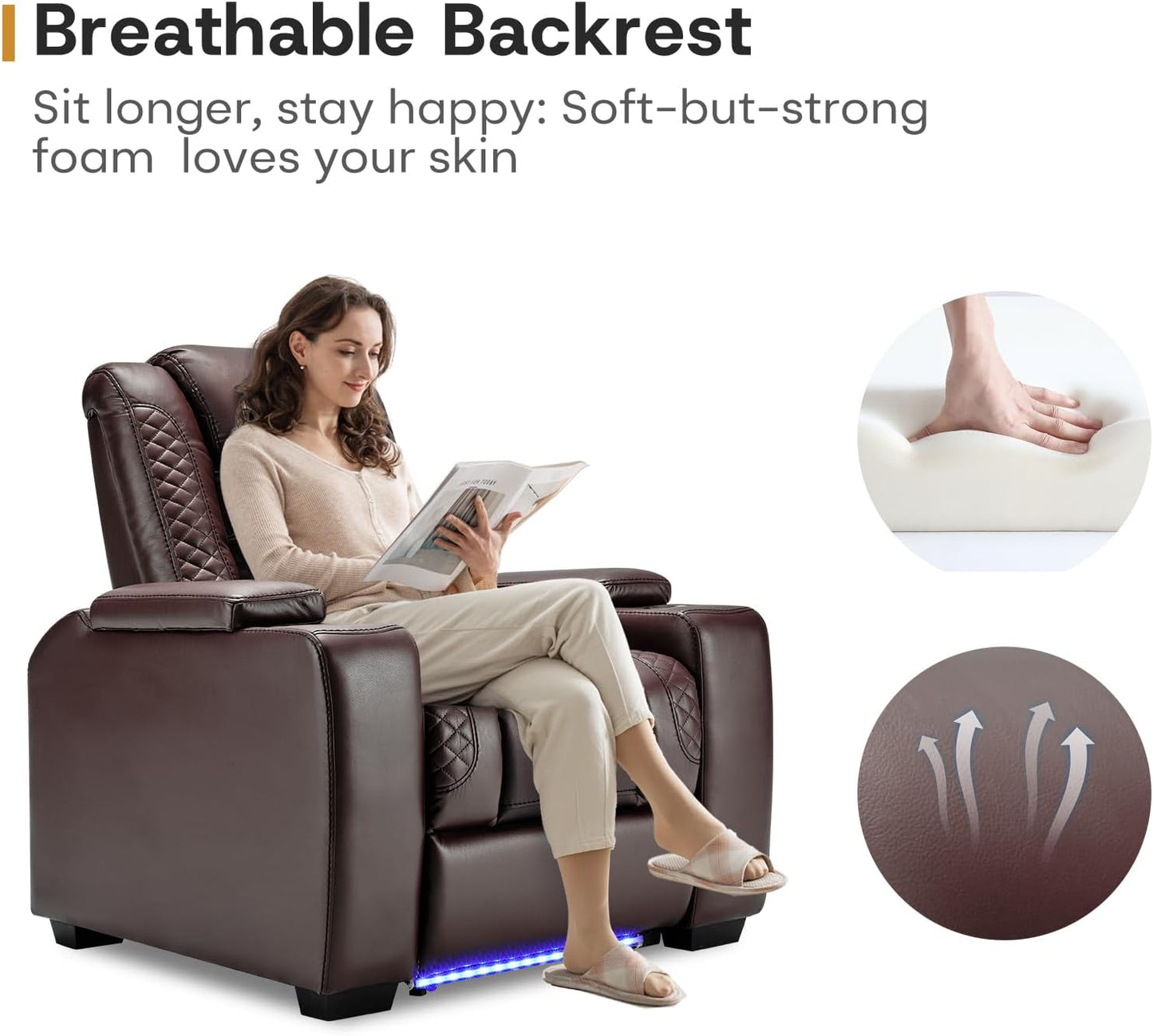 ANJ Power Home Theater Seating Set of 2, Brown Faux Leather Electric Recliner Chair with Powered Headrest, Dual Motors Movie Reclining Chairs with LED Lights,USB Port,Cup Holders, Hidden Arm Storage