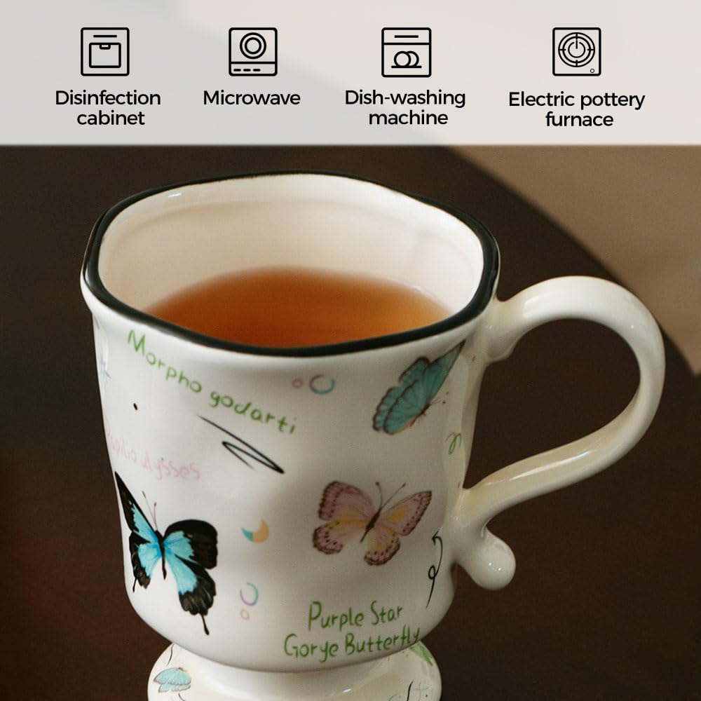 360ml -12.17oz Painted Butterfly Ceramic Mug - Cute Coffee Cup for Latte, Espresso - Gift for Women, Dishwasher Safe