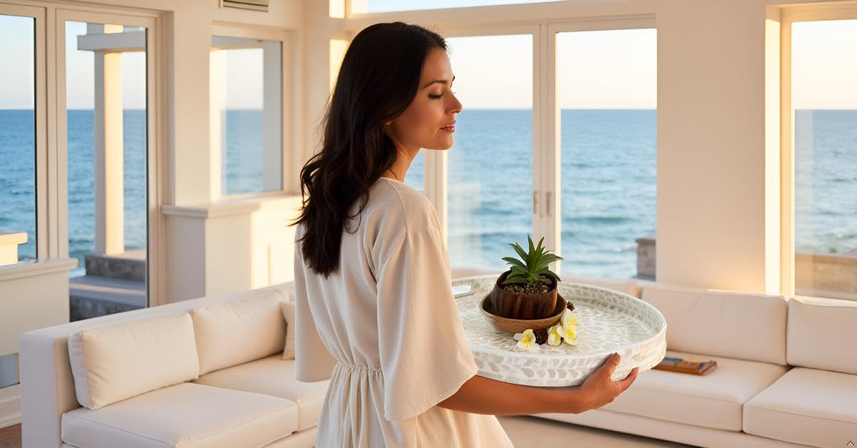 CLAYNIX Serving Tray 12.5 Inch, Lacquer Mother of Pearl Inlay Mosaic Tray, Round Wooden Marble Tray with Handles Trays for Tea, Breakfast (White)