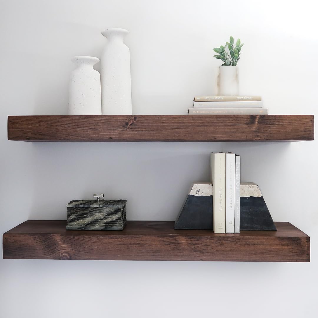 Modern Floating Shelves 3 Inches Thick for Wall, Wide Shelves for Kitchen, Living Room, Bedroom, and Bathroom, Natural Pine Wood, Rustic Wooden Shelf, (Set of 2) (Provincial, 48Lx3Hx6D)