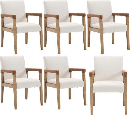 Kmax Modern Dining Chairs Set of 6 Linen Fabric Kitchen Arm Chairs Upholstered Accent Chairs with Wooden Legs for Dining Room, Living Room, Bedroom, White