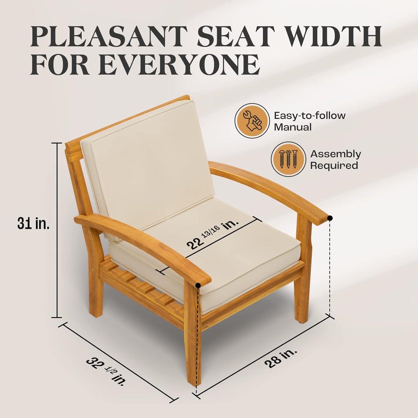 IDZO Laurent Accent Chairs, 500lbs Support, Acacia Wood, Set of 2, FSC Teak Finish, 3.9in Cushions, Ideal for Garden or Porch, Beige