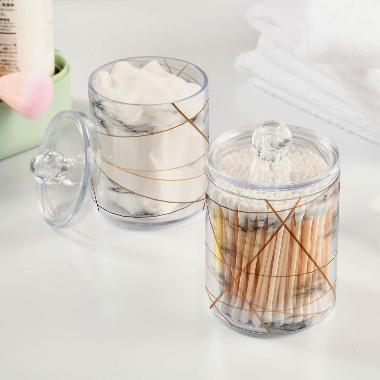 2 Pack Qtip Holder Dispenser White Marble Gold Line Bathroom Storage Canister Lid Acrylic Plastic Apothecary Jar Set Vanity Makeup Organizer for Cotton Swabs/Pads/Floss