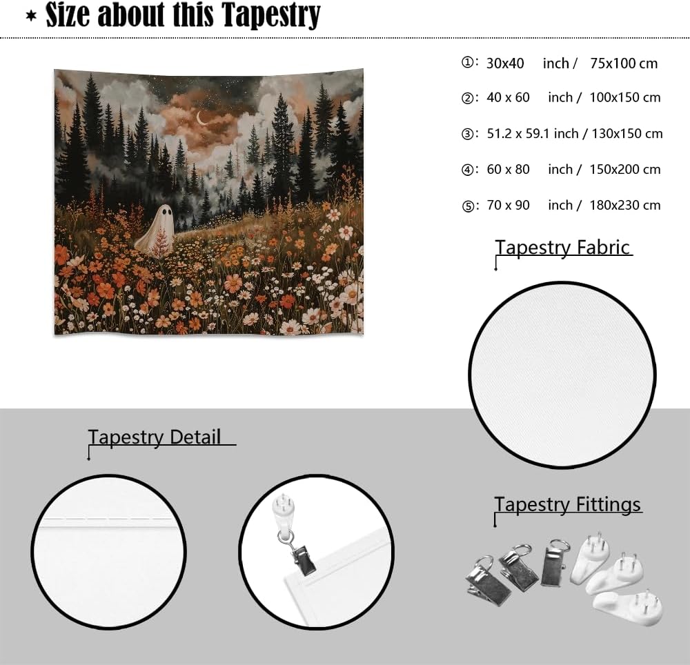 Spooky Fall Forest Art Halloween Tapestry Wall Hanging Cute and Funny Forest Flower Ghost Tapestry for Bedroom Whimsical Dark Academia Aesthetic Tapestries for Home Living Room Decor 60x80inch