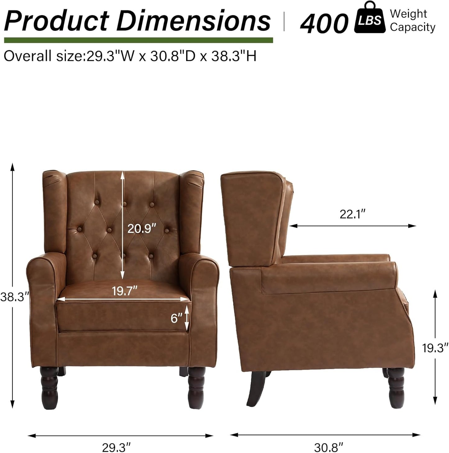 Accent Chair, Upholstered Armchair with Button Tufted High Back & Solid Wood Legs, Comfy Wingback Reading Single Sofa Chair for Small Spaces, Living Room, Bedroom (Leather Brown, Set of 2)