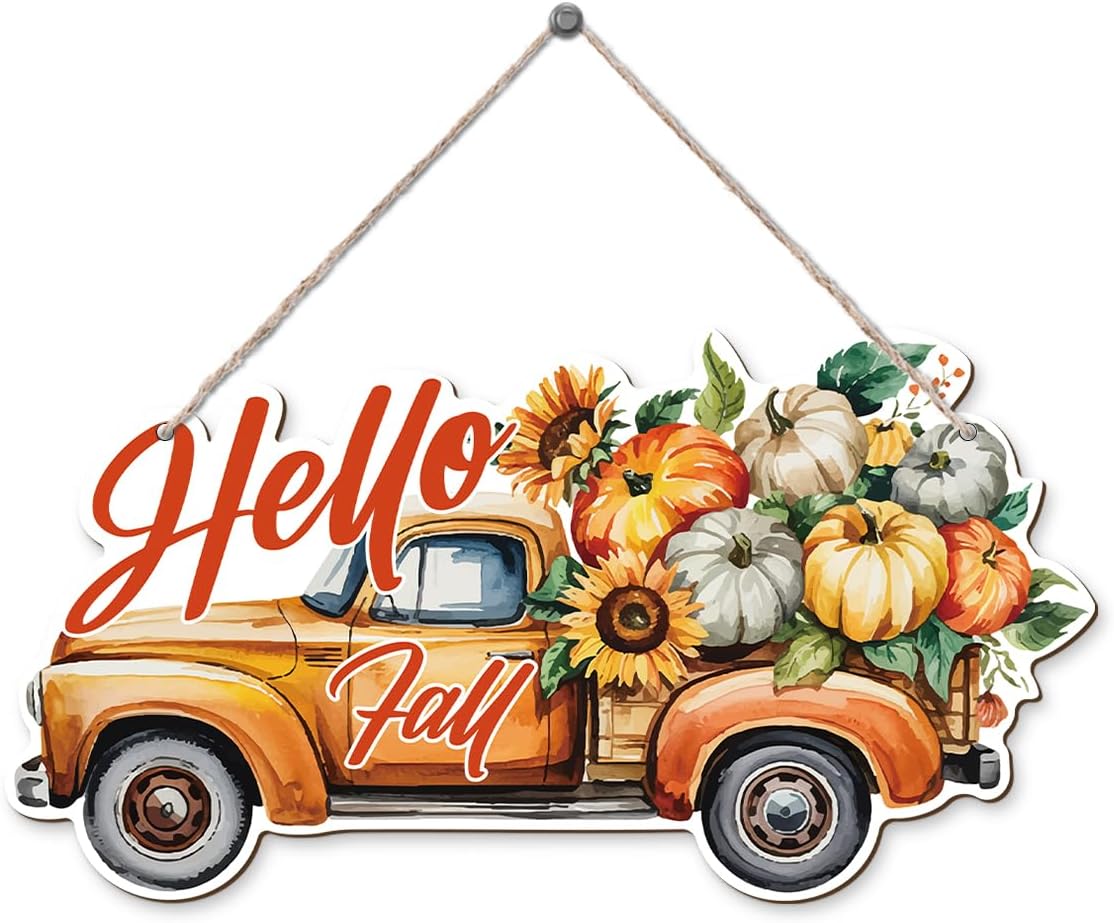 Hello Fall Wood Hanging Truck Decoration, Autumn Wooden Signs, Rustic Thanksgiving Decoration, Home Interior And Exterior Decor, Autumn Harvest Thanksgiving Home Decor