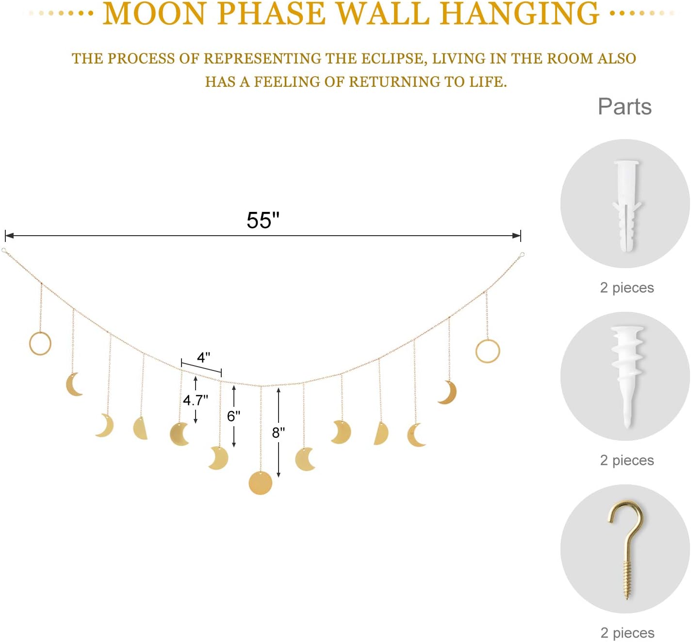 Mkono Moon Phase Wall Hanging Boho Aesthetic Room Decor Metal Moons Garland Hanging Art Bohemian Home Decoration for Girls Room Nursery Bedroom Livingroom Dorm, Ideal, Gold, 55"