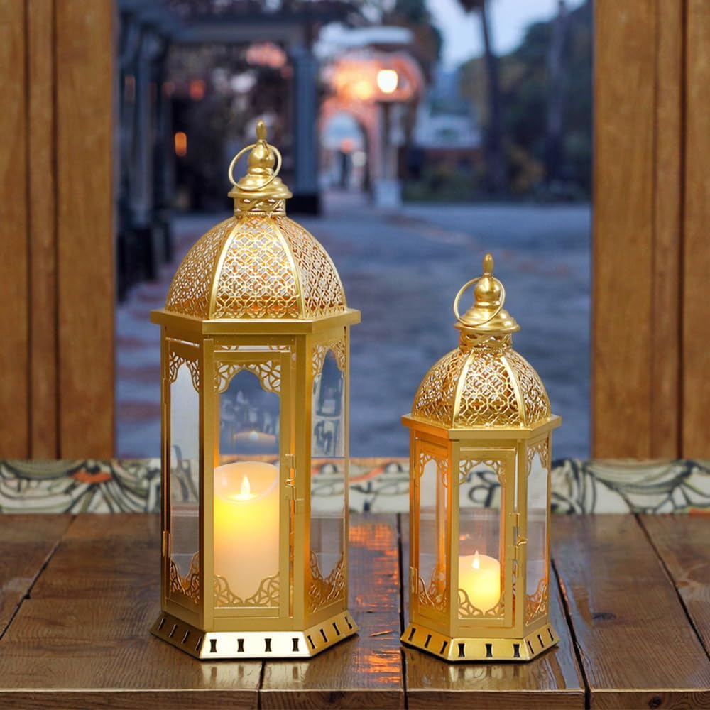 JHY DESIGN Set of 2 Outdoor Candle Lanterns 22"&17" H Decorative Vintage Metal Candle Holders for Garden Porch Indoor Outdoor Parties Weddings Patio Home Decor(Gold)