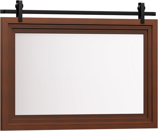 ALBAD Farmhouse Wood Framed Wall Mirror, Natural Wood and Framed Wall Mounted Bathroom Vanity Mirror for Farmhouse Decor, Vertical or Horizontal Hanging