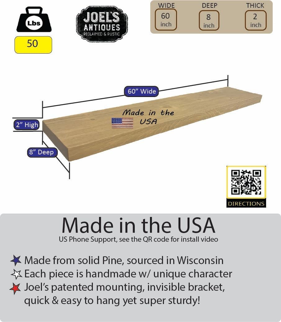 joelsantiques 60 Inch Wooden Floating Shelves for Wall - 60x8x2 in - Made of Natural Wood - Long Wall Shelves for Bedroom - Perfect for Living Room, Kitchen - Made in USA - Beige