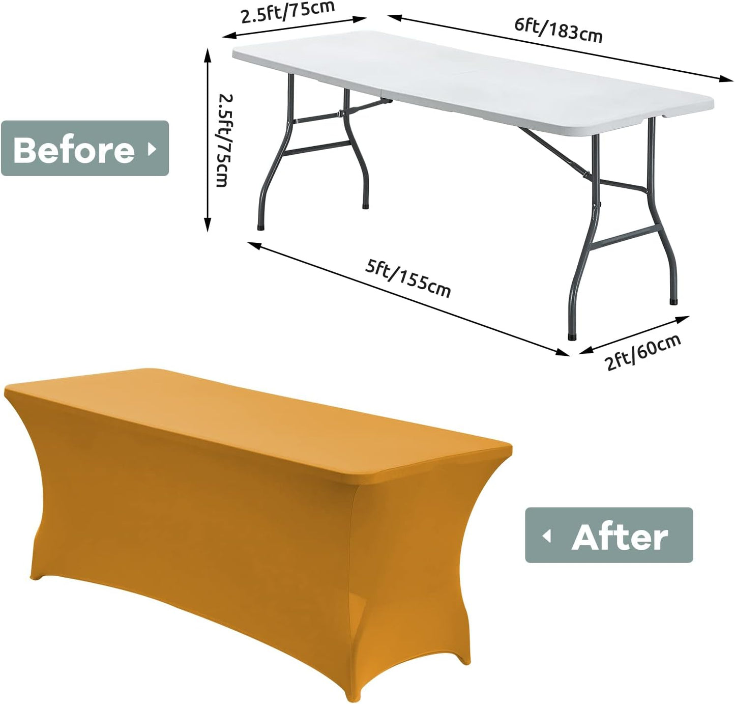 CWK 6FT Waterproof Stretch Spandex Table Cover for Rectangular Tables - Elastic Fitted Tablecloth for Folding Tables,Wrinkle Resistant Table Cloth for Parties, Weddings, Banquets & Events (Gold)