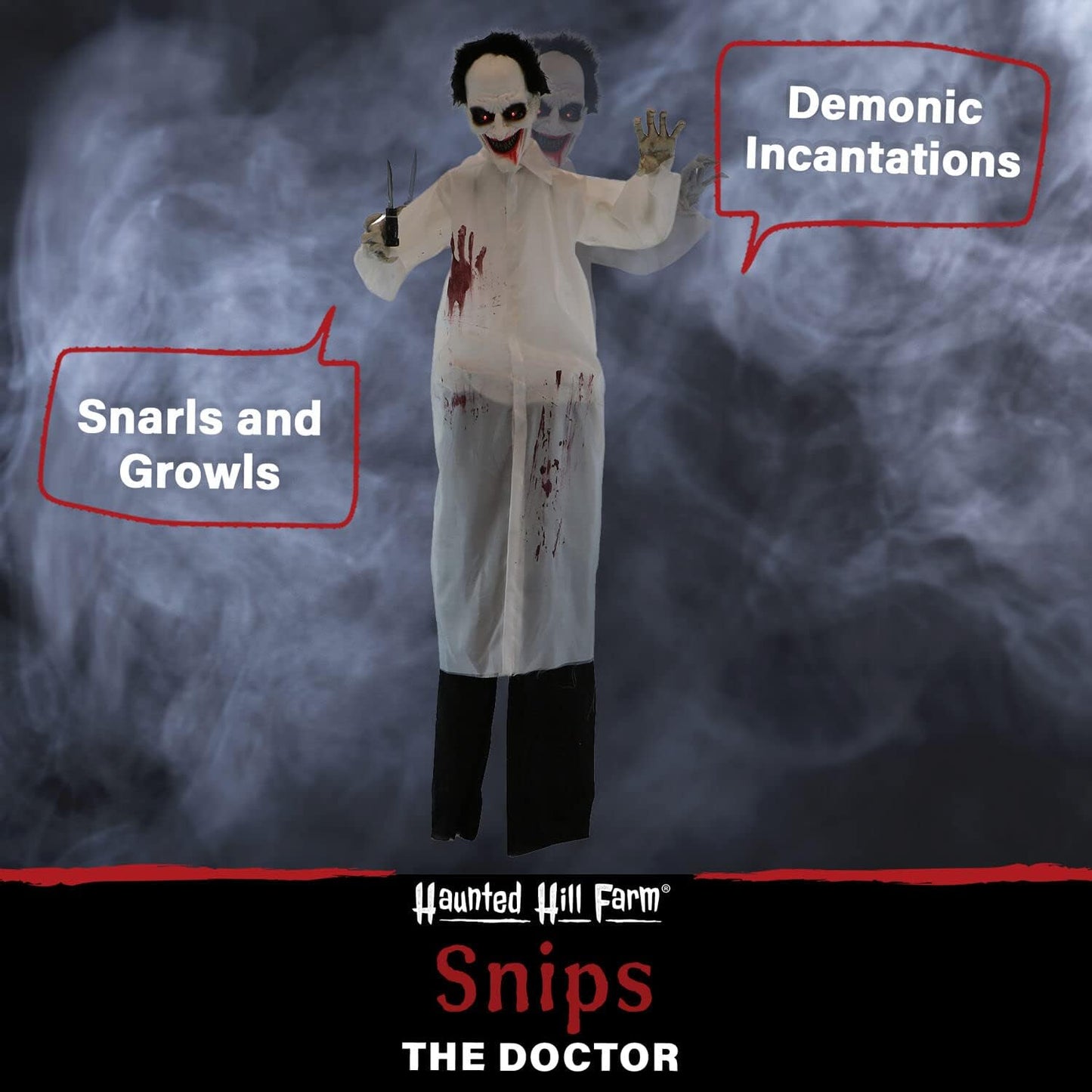 Haunted Hill Farm Life-Size Scary Animatronic Doctor with Touch Activated Lights and Sounds, Indoor or Covered Outdoor Spooky Halloween Decorations for Home or Haunted House, Battery-Operated