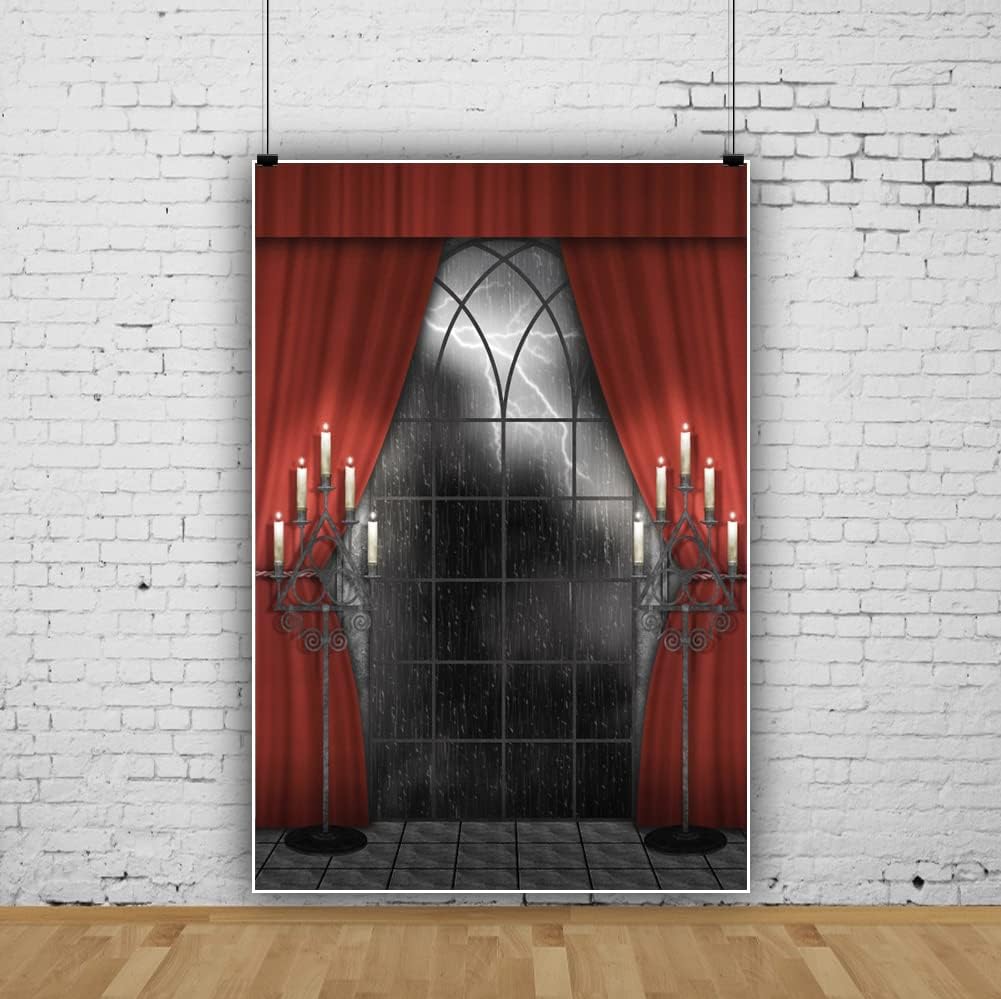 Renaiss 6x8ft Vintage Gothic Window Backdrop Red Curtain Candlestick Black Floor Lightning Stormy Sky Vampire Medieval Castle Photography Background Halloween Dress Up Party Decors Photo Booth Props