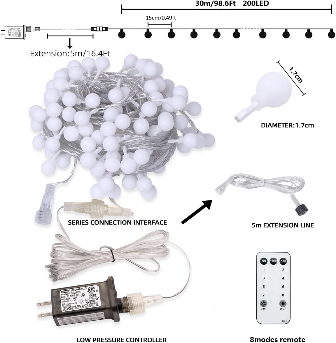Globe String Lights,Multicolor 116 Feet 200 led 11 Lighting Modes Fairy String Lights with Remote,Waterproof Mini Globe Lights Decorn for Indoor Outdoor Party Wedding Christmas Tree Garden