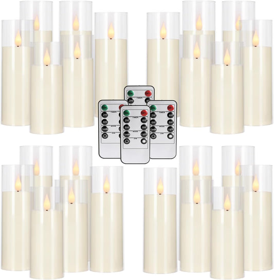 24-Pack Acrylic LED Flameless Pillar Candles with Remote & Timer, Battery Powered - Perfect for Indoor/Outdoor Decor,Wedding,BBQ and Gift - Easily Create a Magical Atmosphere.