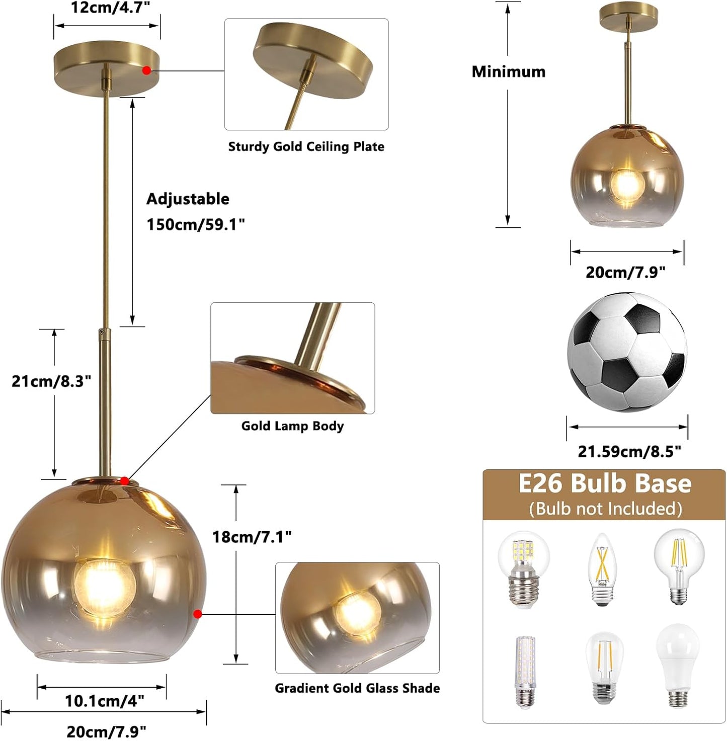 KCO Lighting Glass Globe Hanging Light Fixture Modern Gold Pendant Lights Kitchen Island Mid Century Dining Room Hanging Light Fixtures Over Table Single Pendant Light