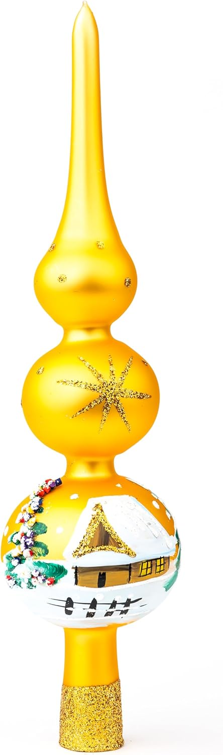 Christmas Tree Topper Spitz Glass Mouth Blown Hand-Decorated Embellishments (Gold, 12 inch)
