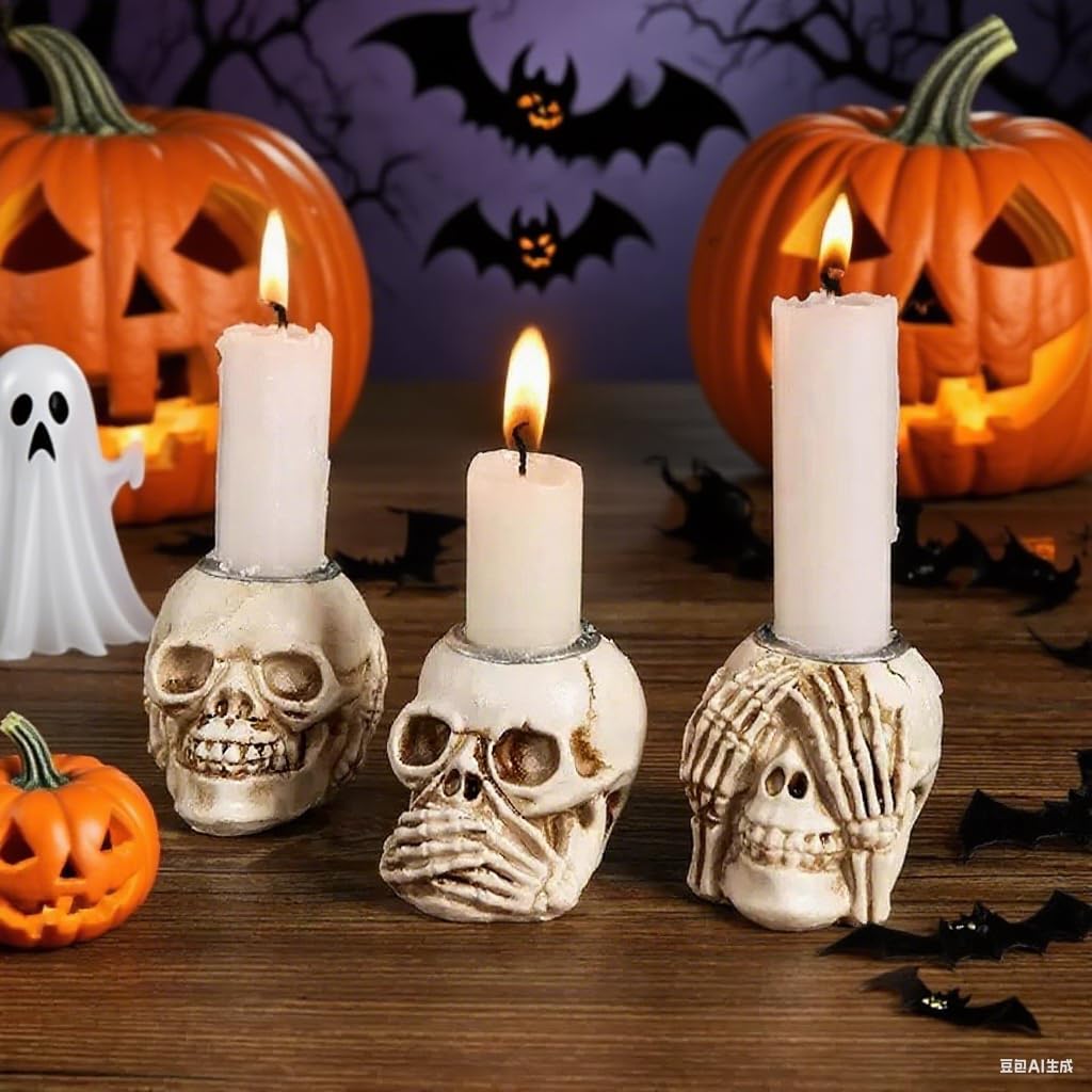 Halloween Skull Candle Holder, Skeleton Head Candlestick Holders Table Decor Centerpiece Candlesticks, Resin Horrible Spooky Creepy Crafts for Flameless Candle Halloween Christmas Home Party, Set of 3