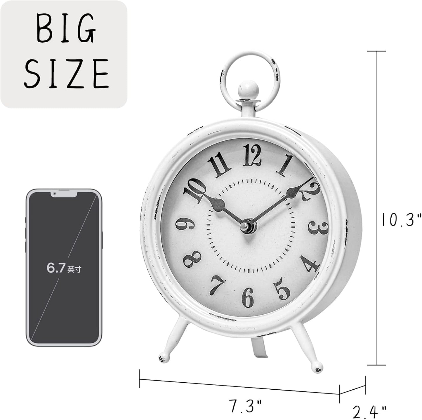 Vintage Rustic White Table Clock on Stand, Decorative Desk & Shelf Clock, Rustic Mantel Farmhouse Non-Ticking