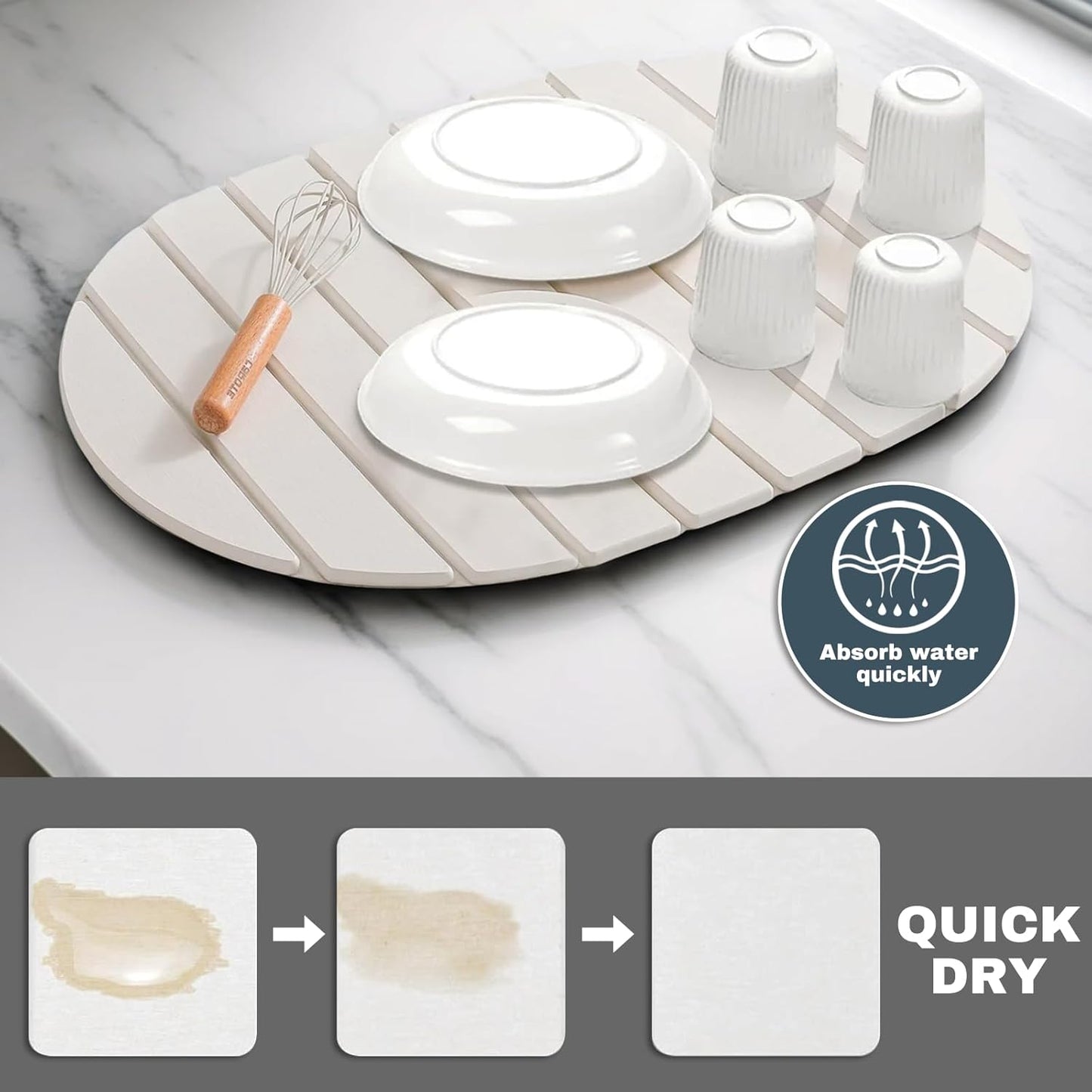 Large Stone Dish Drying Mats for Kitchen Counter, Quick Dry Absorbent Collapsible Dish Drying Mat,Diatomaceous Earth Mats for Dishes Bottles Cups,Match Any Countertop, Elliptical 24 * 16inch
