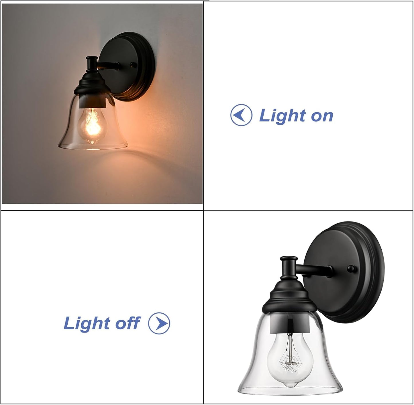 Moder 1-Light Black Wall Sconce Clear Glass Bell Shape Light Fixtures for Farmhouse, Bathroom, Living Room, Stairway Set of 2