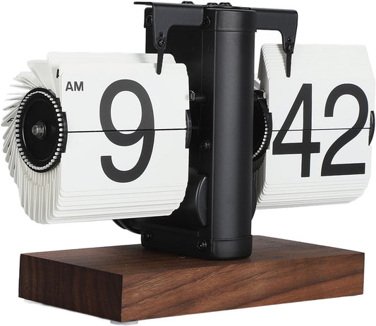 Flip Desk Clock, Retro Vintage Flip Desk Table Clock, Digital Sided Large Numbers Mechanical Flip Clock Wood Base for Living Room, Study Room and Office（Black）