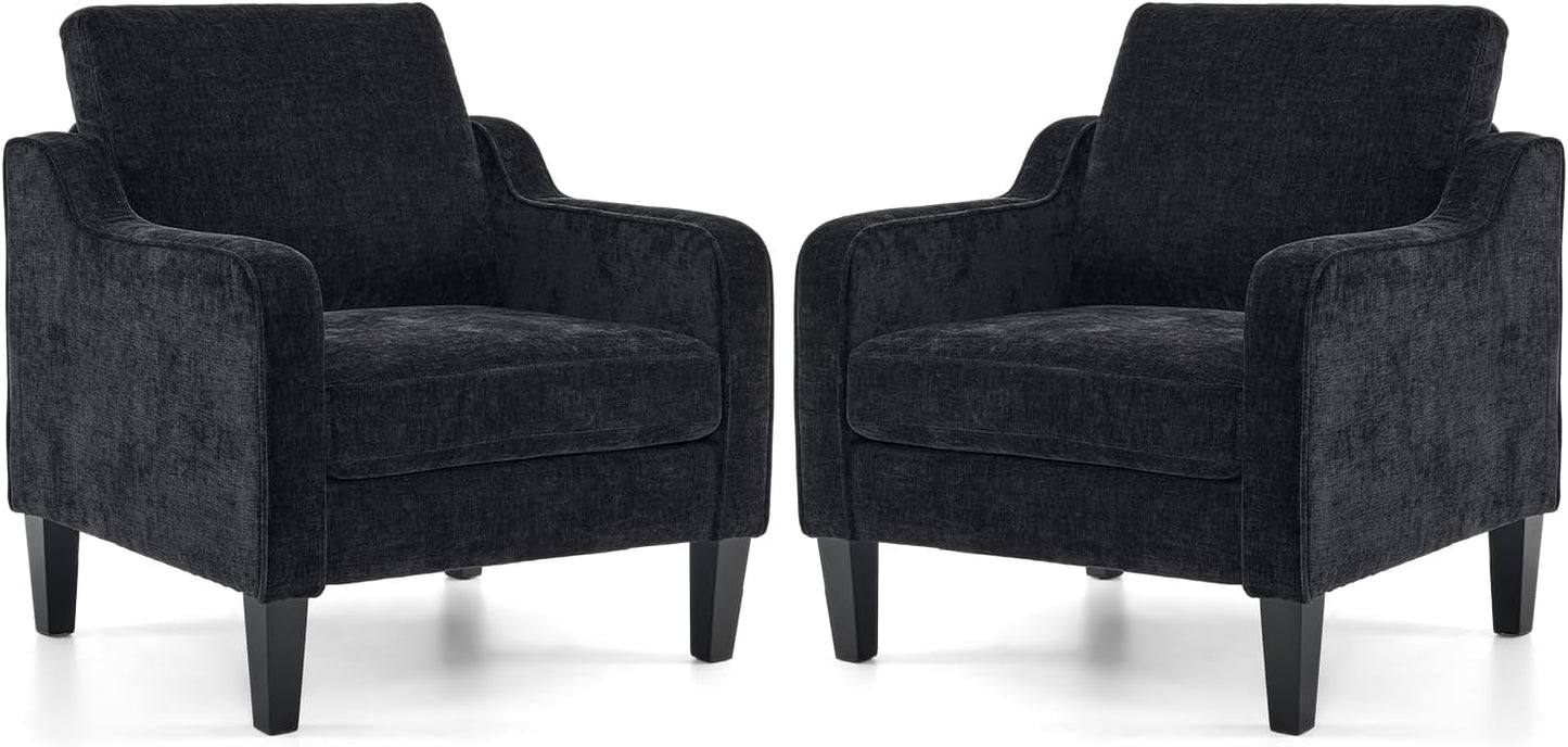 VINGLI Living Room Chairs Set of 2, Black Accent Chair 5.5" Thick Seat Cushion Comfy Chair Soft Chenille Side Chair Upholstered Arm Chair for Bedroom, Play Room, Apartment, Office (Black)