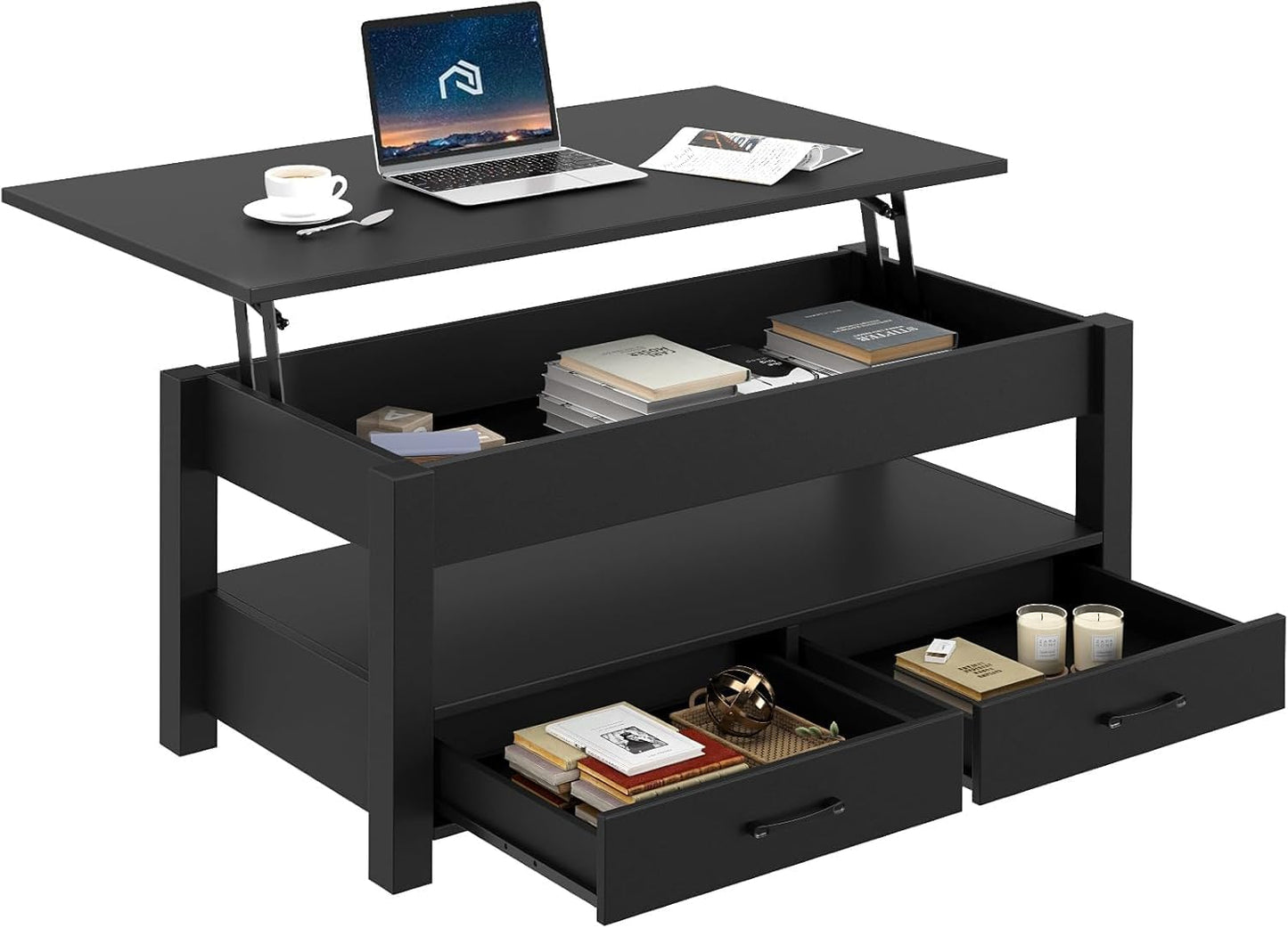 Rolanstar Coffee Table, Lift Top Coffee Table with Drawers and Hidden Compartment, Retro Central Table with Wooden Lift Tabletop, for Living Room, Black