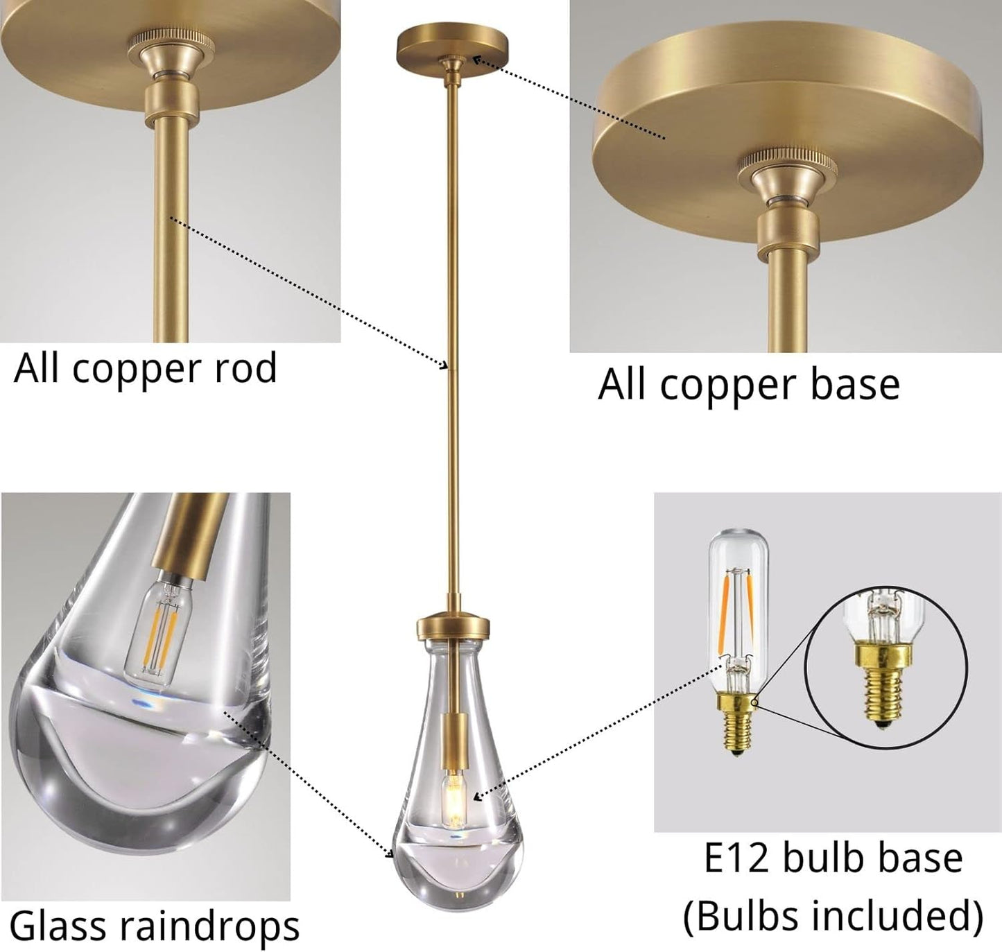 Raindrop Pendant Lights 2 Pack, Pendant Lights for Kitchen Island, Brass Rod Dining Room Light Fixture, Raindrop Chandelier, Pendant Lights for Living Room Hallway, Including Bulb