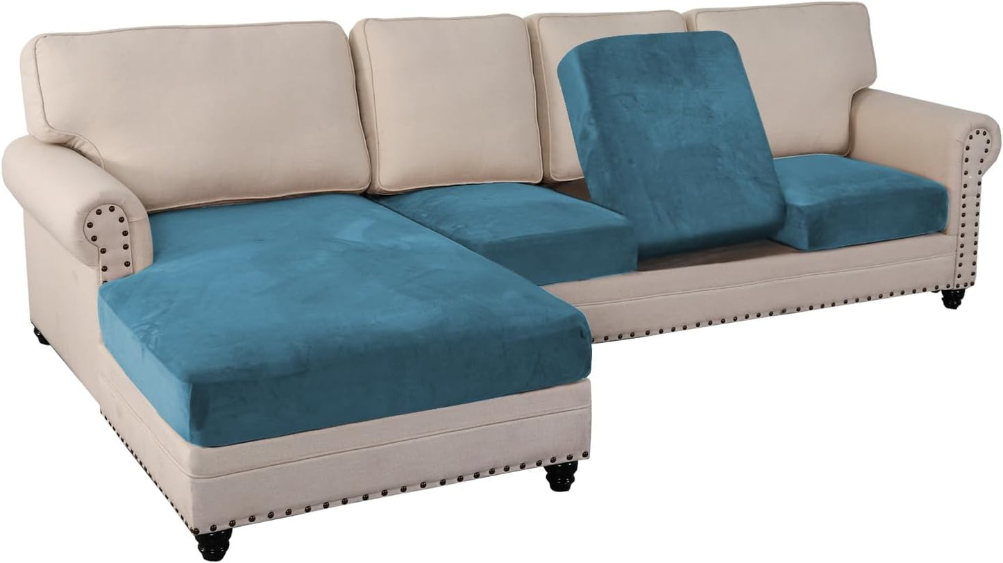 PrinceDeco Velvet Sectional Couch Covers, 4 Pieces, L Shape, Blue, 3 Seater + 1 Chaise