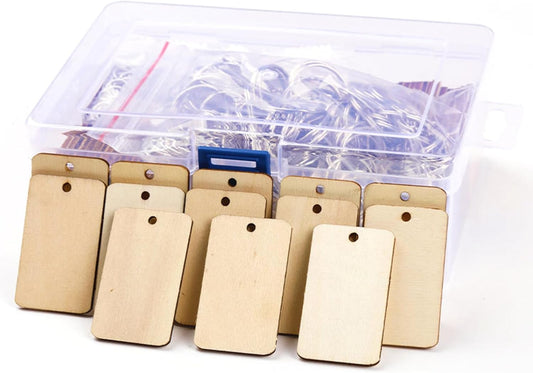 QMTSINEW 100Pcs Blank Rectangle-Shaped Wooden Keychain Set,Unfinished Wood Pieces with Key Rings and Hemp Rope,Personalized Wood Keychain,Key Tags DIY Keychain Supplies for Holiday Craft Projects, Han