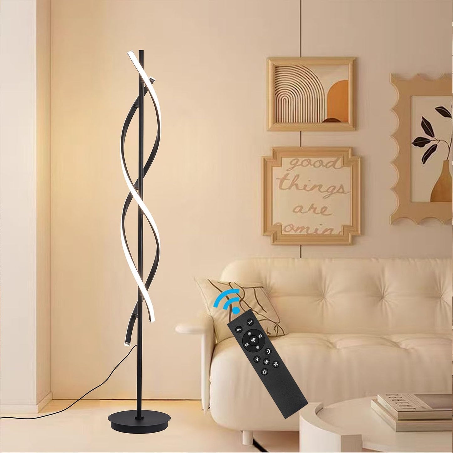 Unique Spiral Floor Lamp 3 Color Dimmable with Remote Standing Floor Lamp, Modern Creative Tall Lamp Control for Living Room Bedroom and Office Black