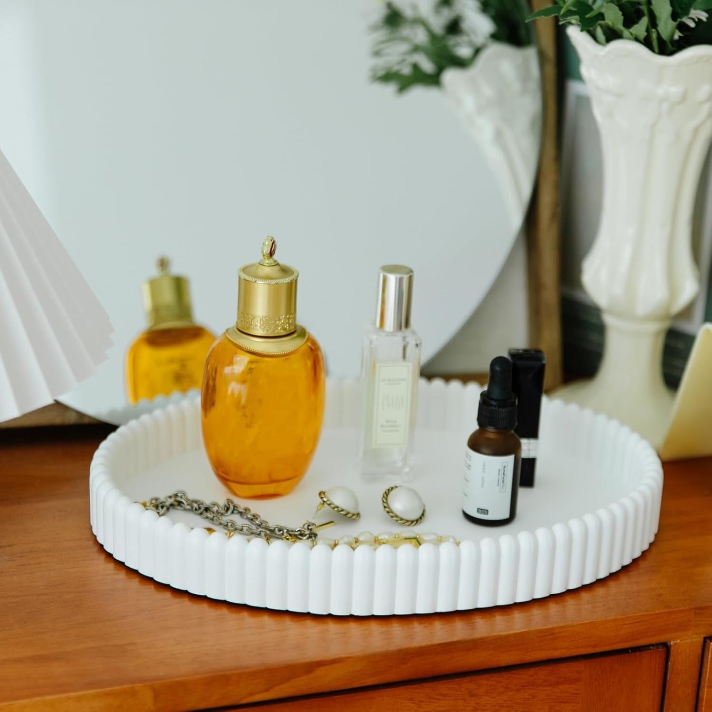 11.8in Decorative Tray for Coffee Table Decor- Modern Oval Concrete Tray for Home Decor- Minimalist Handcrafted Centerpieces Tray for Living Room, Kitchen Dining Table, Entryway (White)