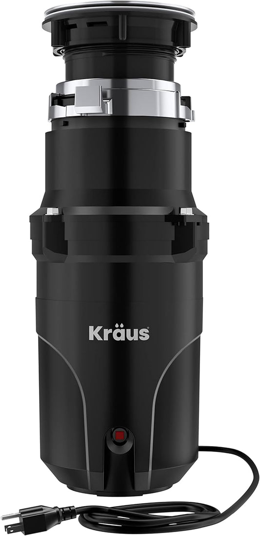 KRAUS WasteGuard 1/2 HP Continuous Feed Ultra-Quiet Motor Garbage Disposal with Quick Connect Mount, Power Cord and Flange Included, KWD110-50MBL
