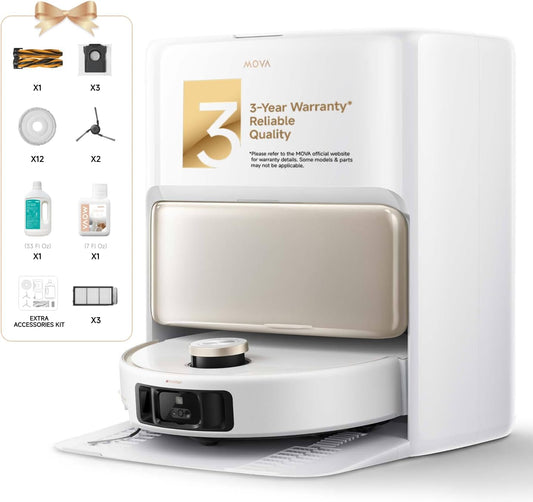 Mova V50 Ultra Complete Robot Vacuum and Mop Self-Cleaning, 24,000 Pa Suction, Liftable Navigation with Obstacle Overcoming and Warm Water Mopping with DuoSolution System Designed for Pets, White