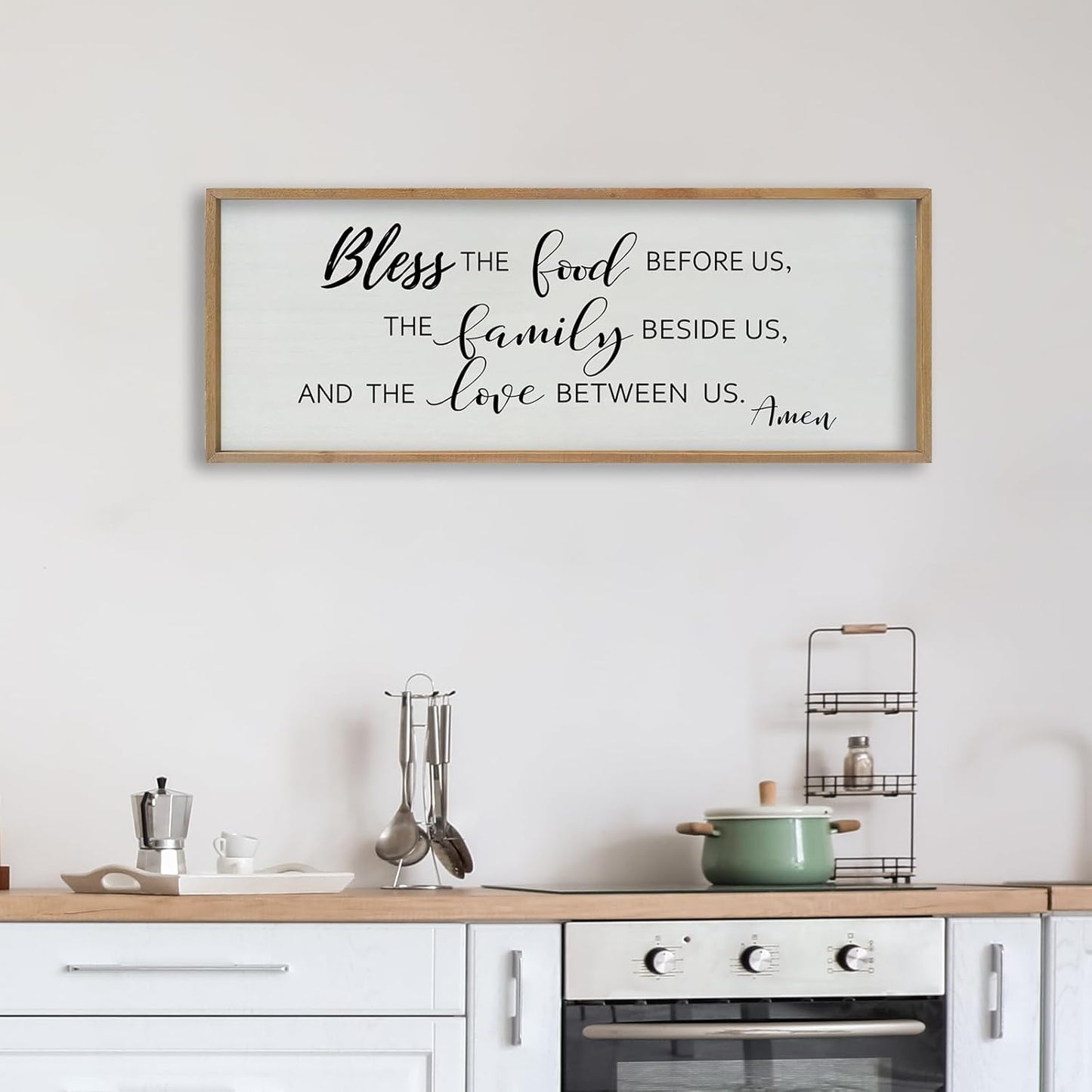 SRSZHIYUE Bless the Food Before Us Wall Sign Decor 40"×15" Christian Bible Verse for Farmhouse Rustic Kitchen Dining Room Framed Wood Scripture Religious Jesus Prayer Wall Art (Wood)