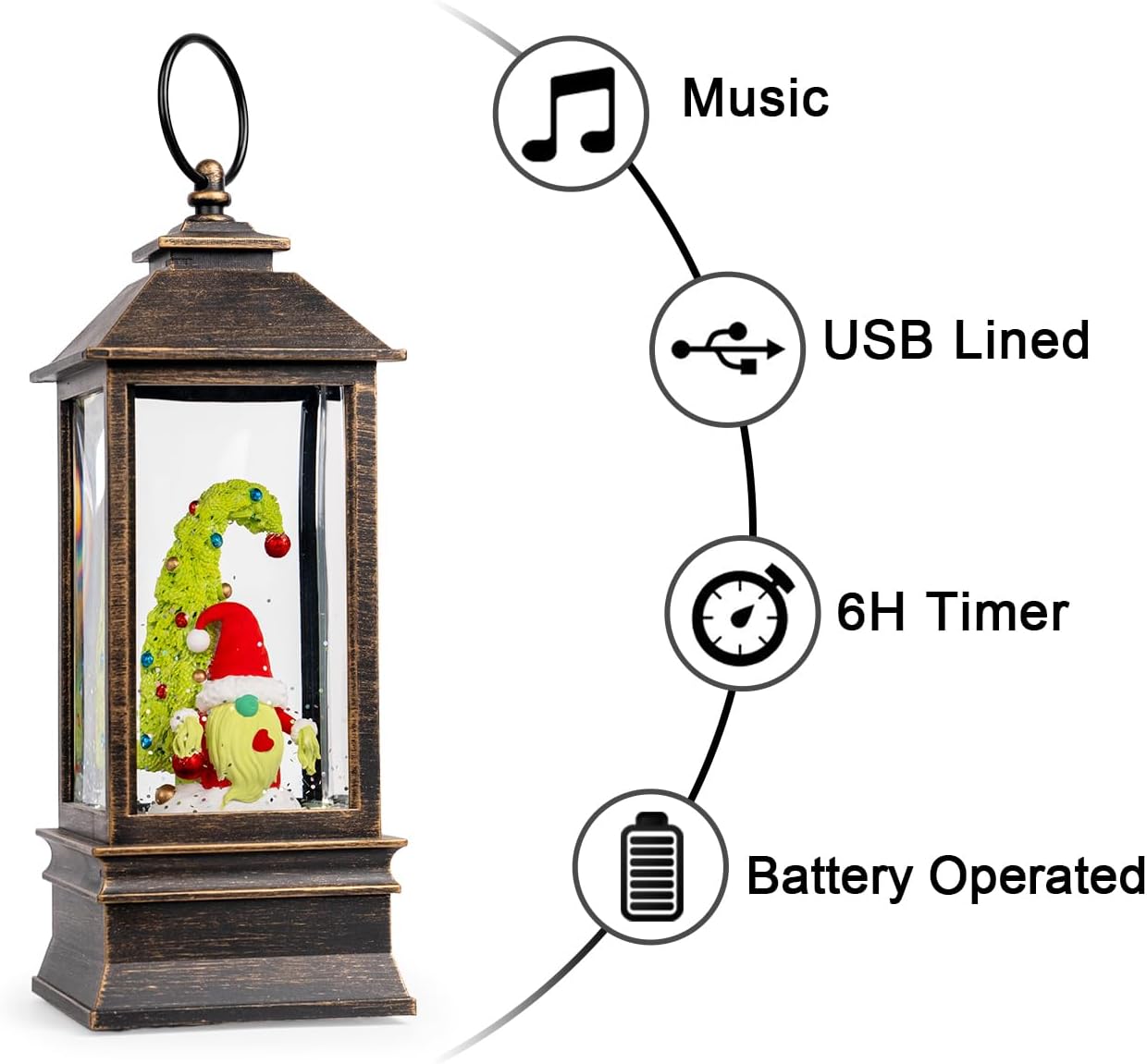 Christmas Snow Globe Lantern Water Glittering Xmas Gnome with Music, USB Lined/Battery Operated Lighted Lantern for Christmas Festival Decoration Gifts
