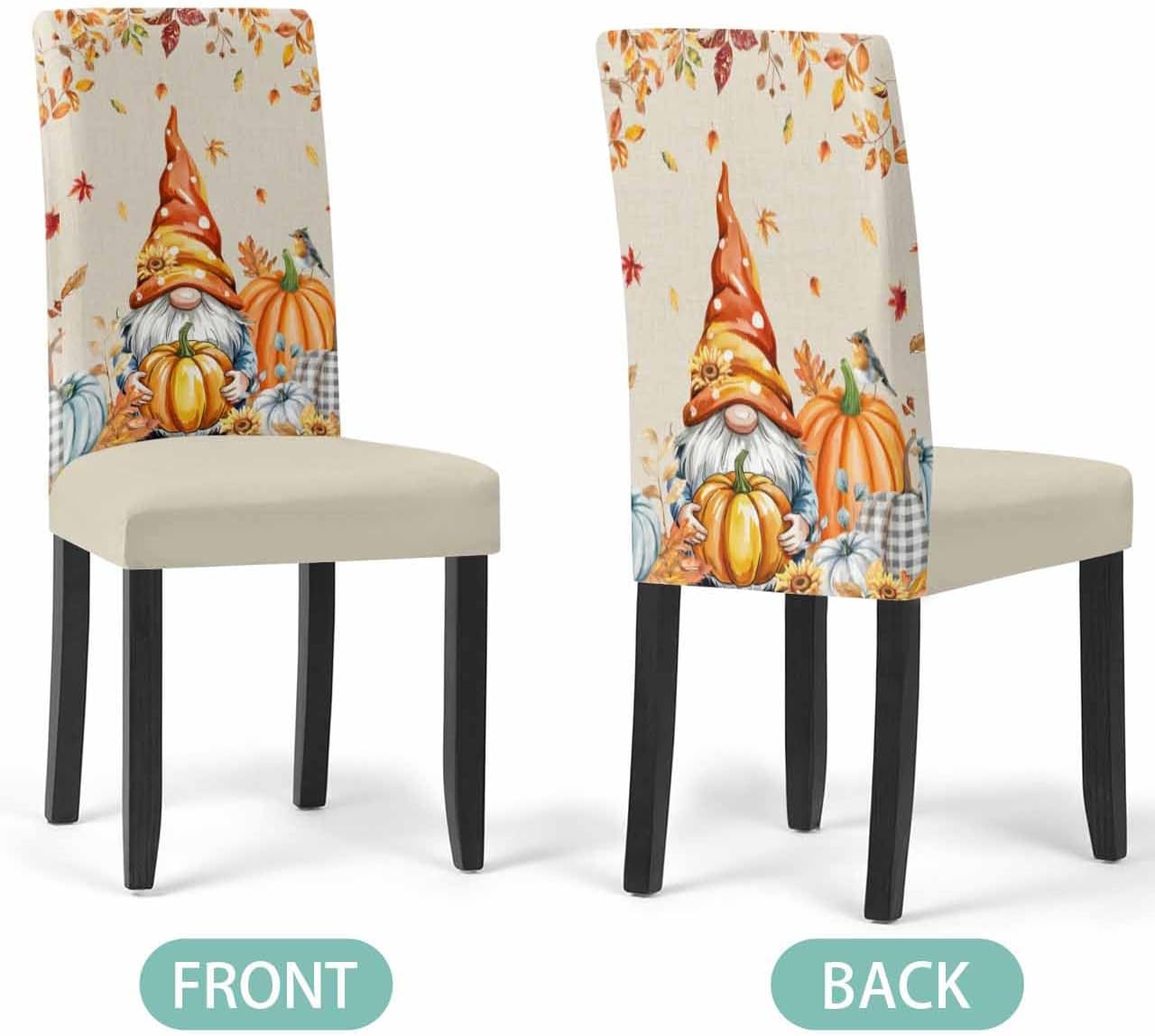 6 Pcs Dining Chair Covers Stretch Spandex Slipcovers Farm Thanksgiving Gnome Pumpkin Removable Washable Dining Room Seat Cover Cushion Protector for Home Hotel Banquet Decor Fall Maple Leaves Linen