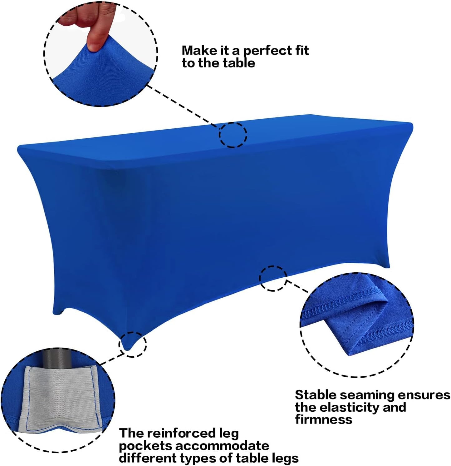IVAPUPU 2 Pack 4FT Table Cloth for Rectangular Fitted Events Stretch Royal Blue Table Covers Washable Cover Spandex Tablecloth Protector for Party, Wedding, Cocktail, Banquet, Festival