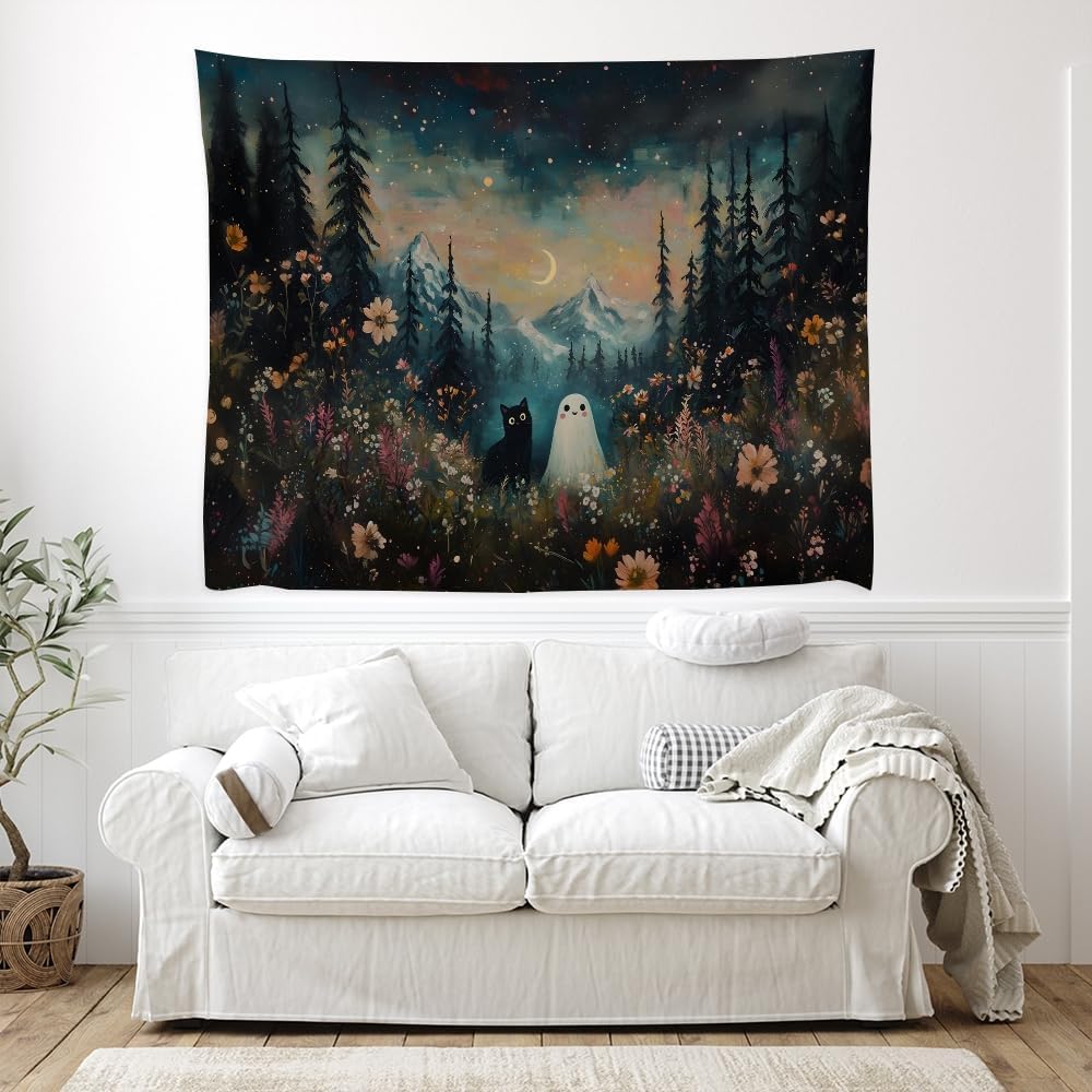 Whimsical Halloween Tapestry Wall Hanging Ghost and Black Cat in Magical Forest Wildflowers Meadow Tapestry Art Print Charming Spooky Fall Season Tapestries for Living Room Bedroom Decor 60x80inch