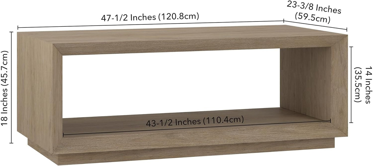 Henn&Hart 48" Rectangular Coffee Table with Open Storage Shelf for Living Room, Family Room, or Office, Antiqued Gray Oak